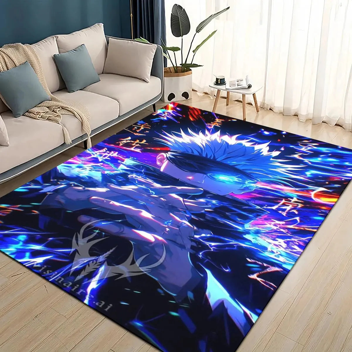 Anime-themed rug featuring Gojo Satoru, Itadori Yuji, and Ryomen Sukuna from Jujutsu Kaisen placed in a modern living room setting.