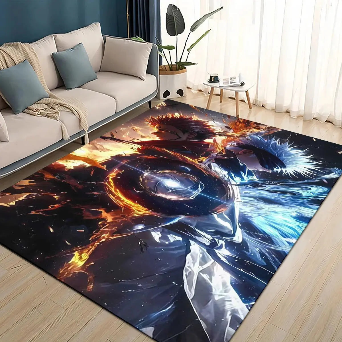 Close-up of Jujutsu Kaisen rug with detailed anime artwork of Gojo, Itadori, and Sukuna in vibrant colors.