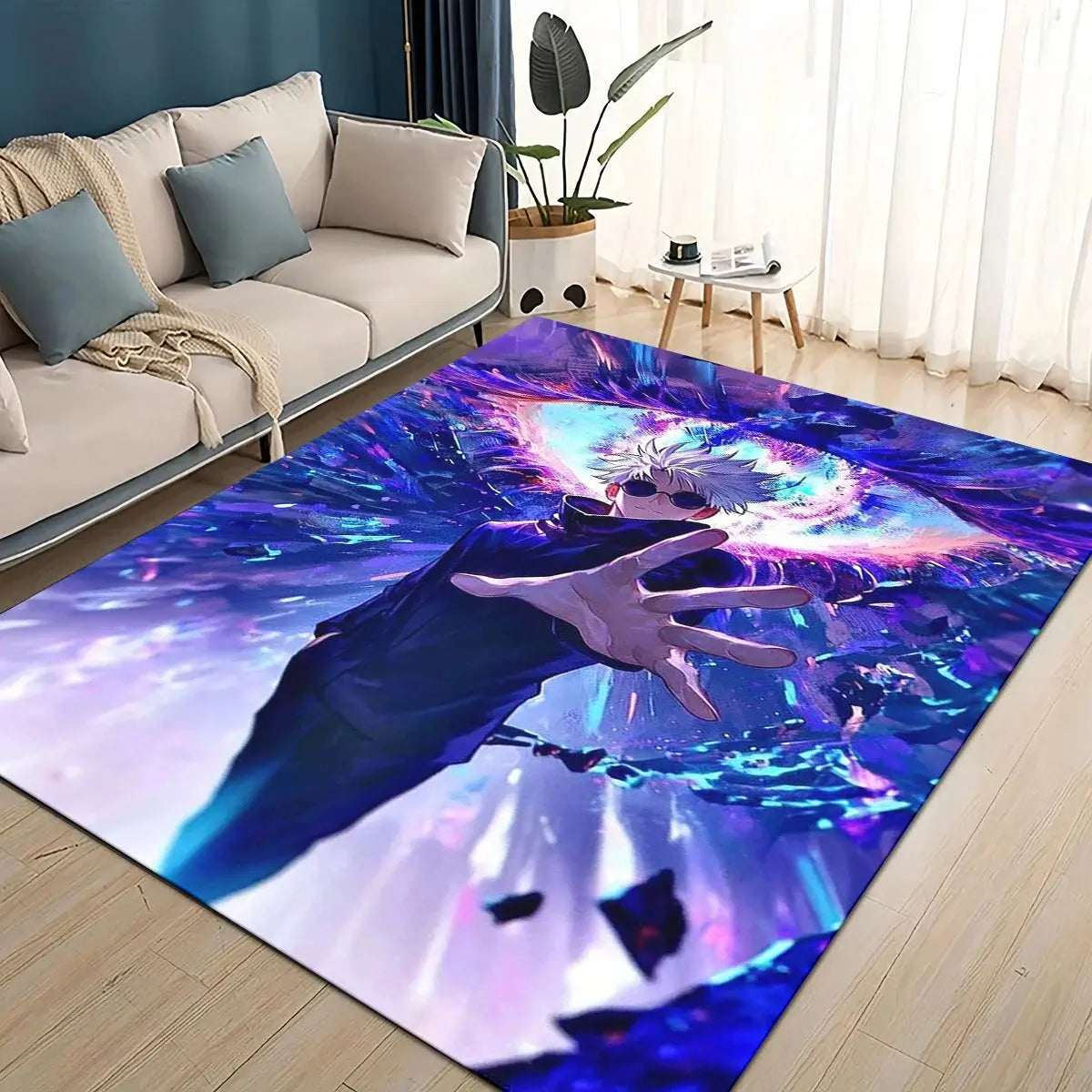 Soft, decorative area rug featuring Gojo, Itadori, and Sukuna from Jujutsu Kaisen placed in a cozy bedroom layout.