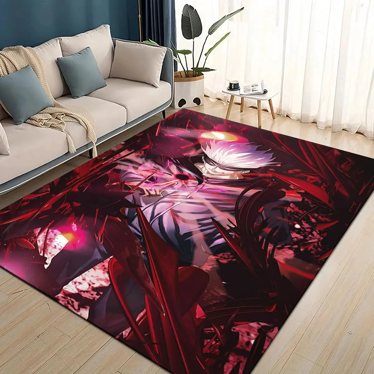 Anti-slip backing detail of Jujutsu Kaisen rug with Gojo, Itadori, and Sukuna characters, designed for safety and style.