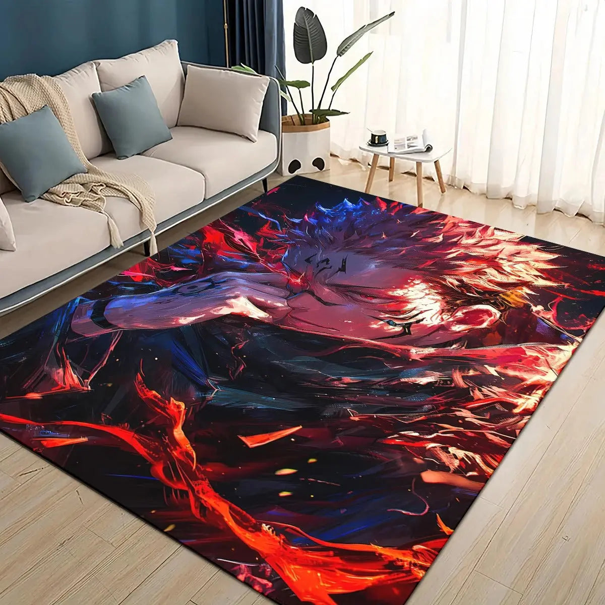 Jujutsu Kaisen rug featuring a dramatic scene with Gojo Satoru, Itadori Yuji, and Ryomen Sukuna in bold anime style, perfect for anime-themed decor in bedrooms or gaming rooms.