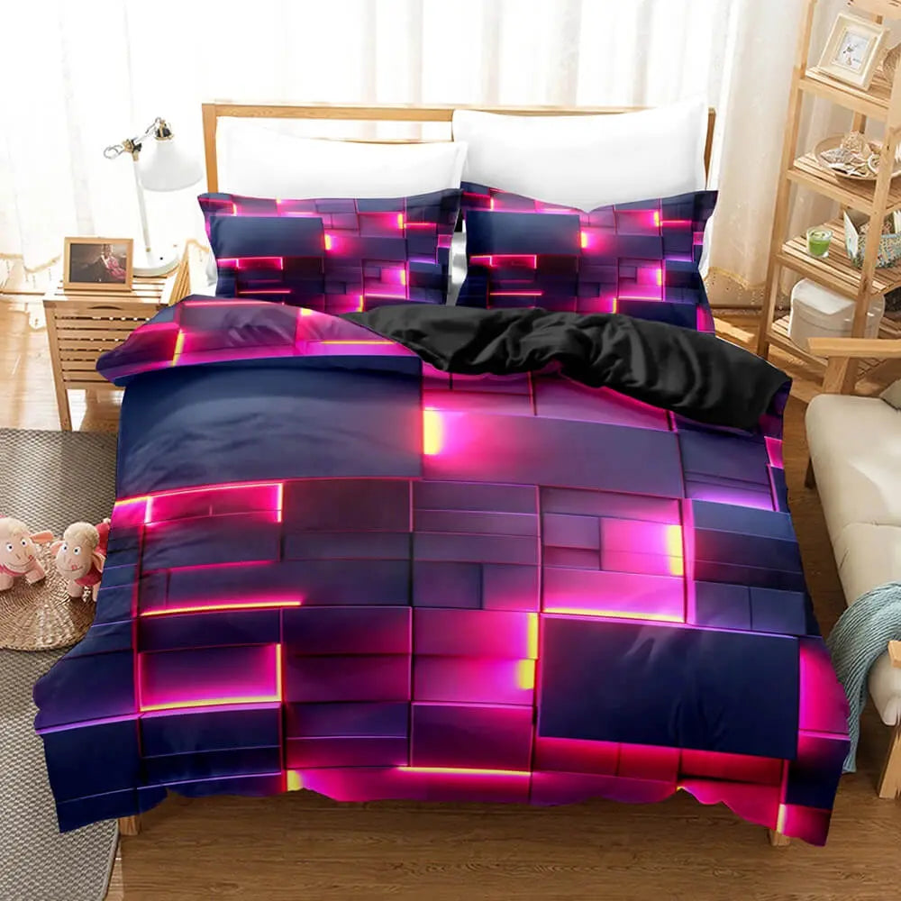 3D Colorful Glowing Grid Quilt Cover