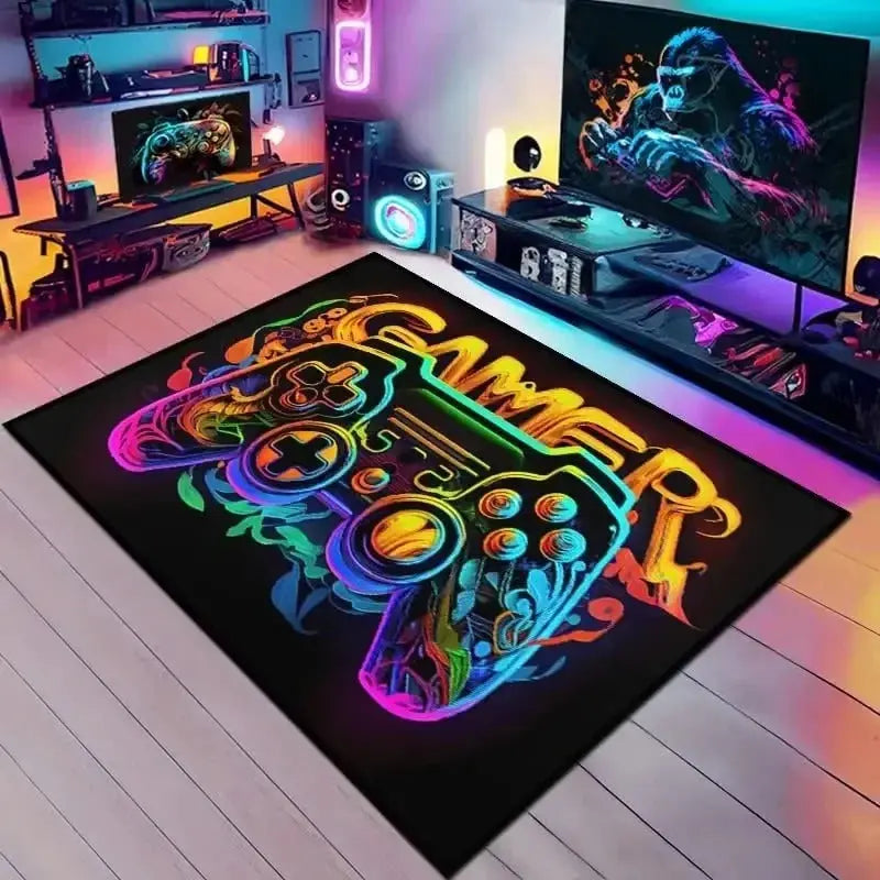 3D gaming rug for boys featuring game controller design on carpet