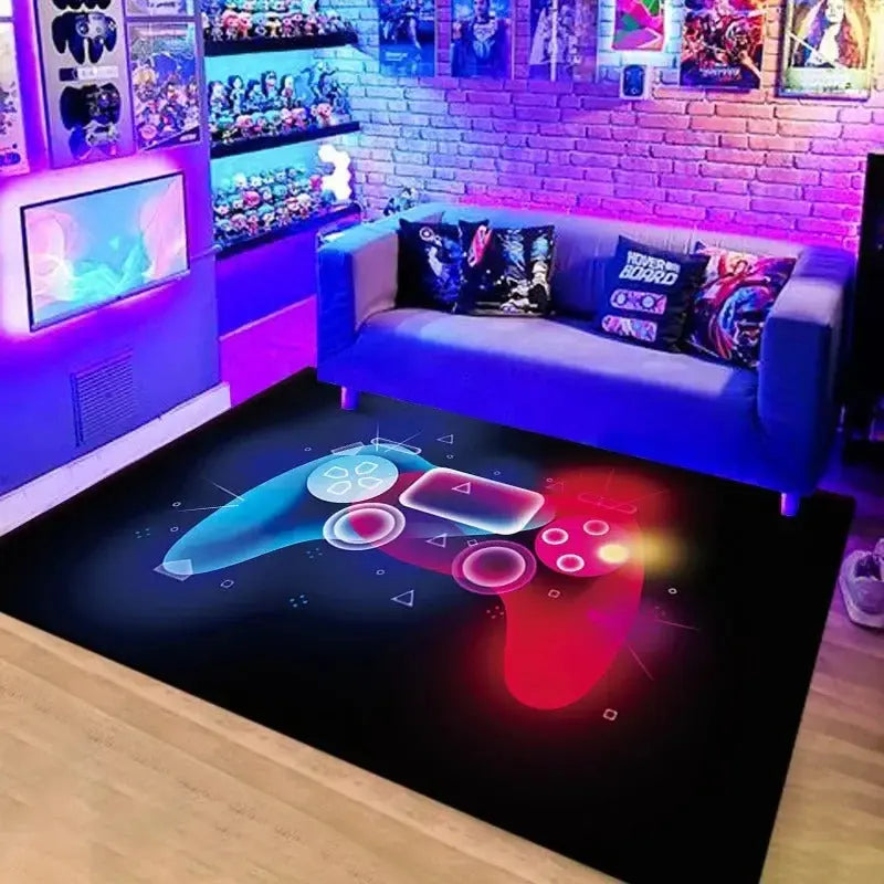 Boys gaming rug with colorful game controller design for bedroom