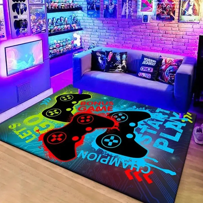 Children’s gaming rug with controller pattern for playroom decor