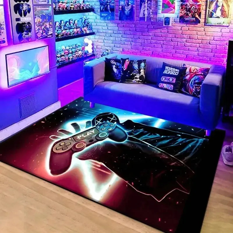 Gaming floor mat with 3D controller print in boys’ bedroom