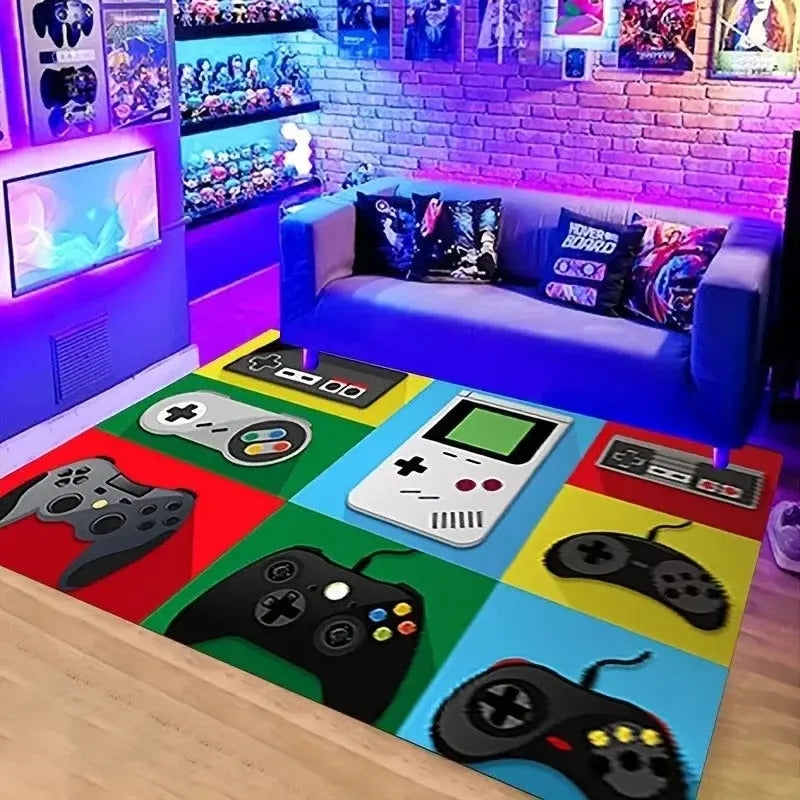 Anti-slip game carpet for boys’ playroom with bright controller print
