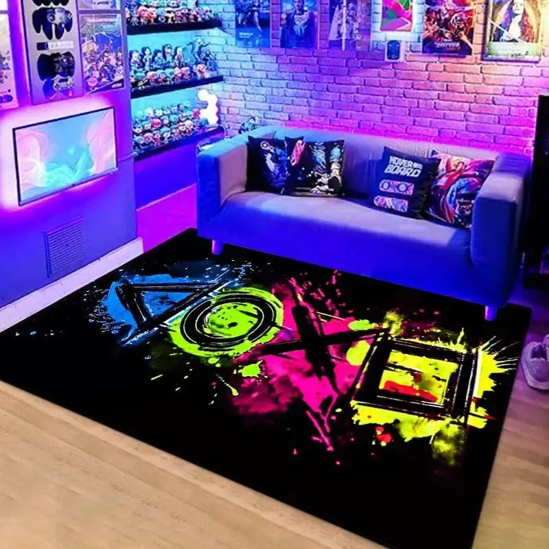 Boys playroom floor mat with game controller print and soft fabric