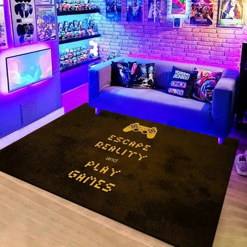 Kids gaming room rug with detailed controller print for fun space