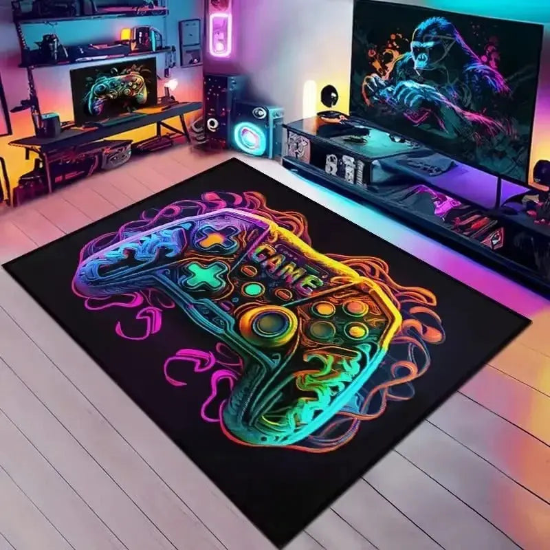 Gaming carpet with anti-slip backing and 3D controller graphics