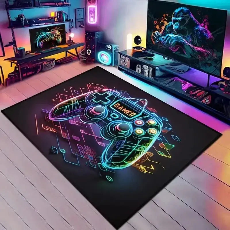 3D video game play mat floor rug with bright controller colors