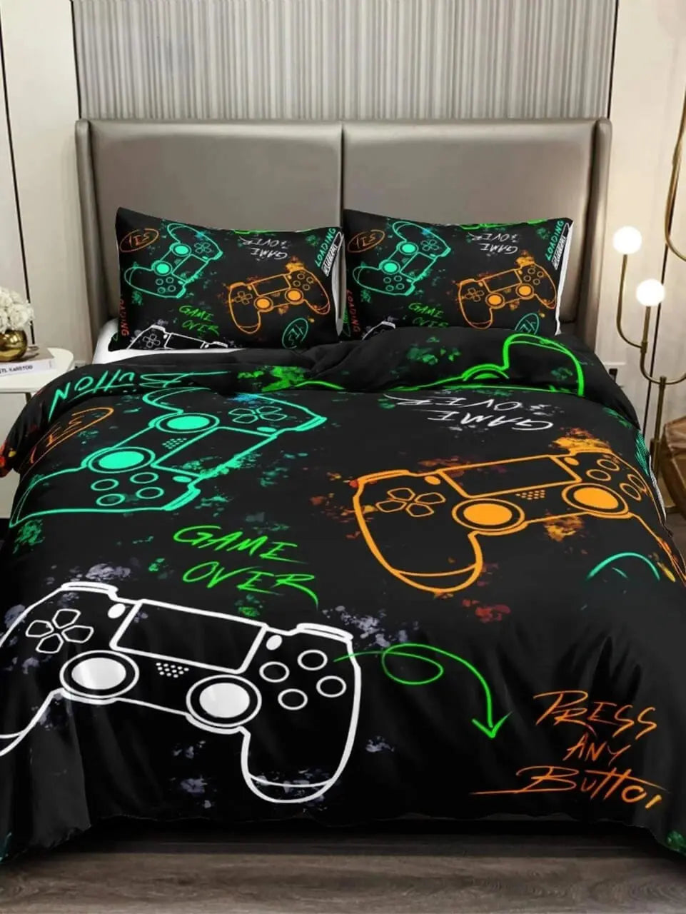 3D gaming duvet cover with video game controller print on queen bed