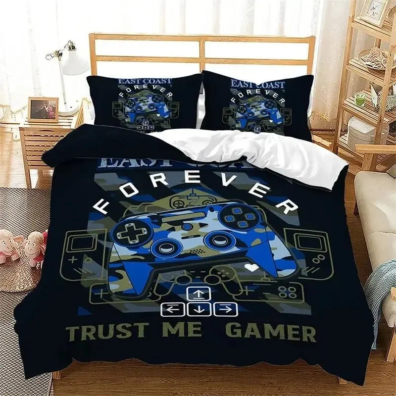 Cool boys bedding set with video game graphics in dark tones