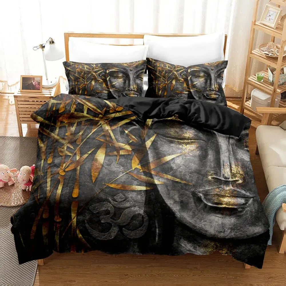 3D Golden Leaves Buddha Quilt Cover