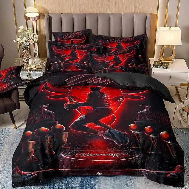 Michael Jordan 3D digital print basketball duvet bedding set featuring action pose on red and black background, including matching pillowcases, perfect for fans’ bedroom decor