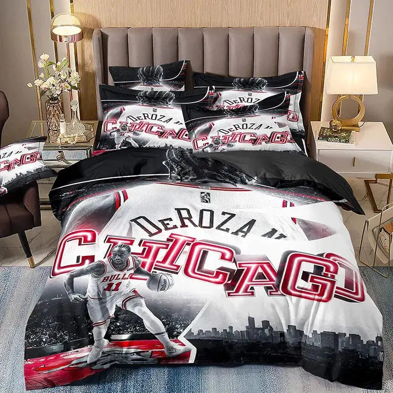 Bedding set featuring DeMar DeRozan of the Chicago Bulls, including duvet cover and pillowcases with dynamic basketball player design perfect for fans’ bedroom decor