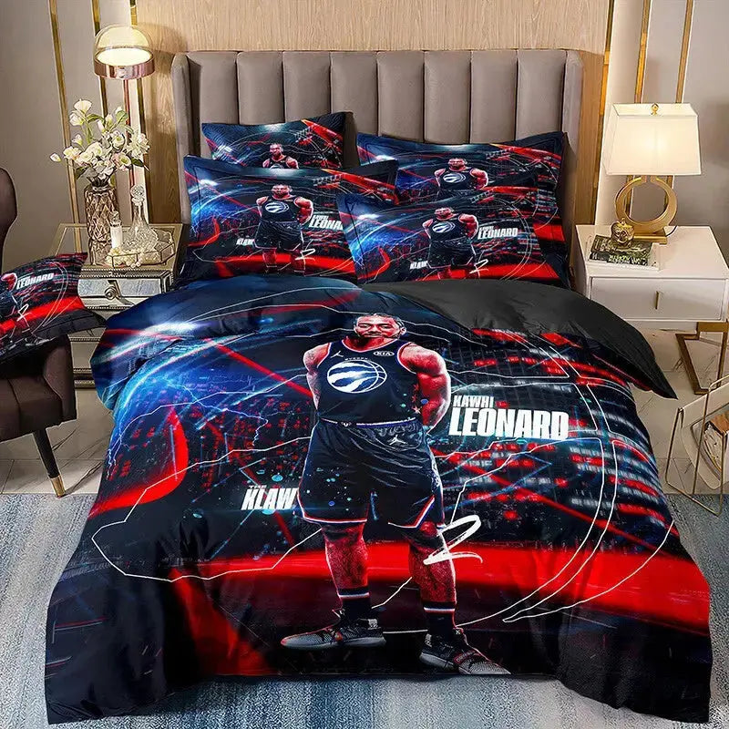 Bedding set featuring NBA player Kawhi Leonard, including duvet cover and pillowcases with dynamic basketball design perfect for fans’ bedroom decor