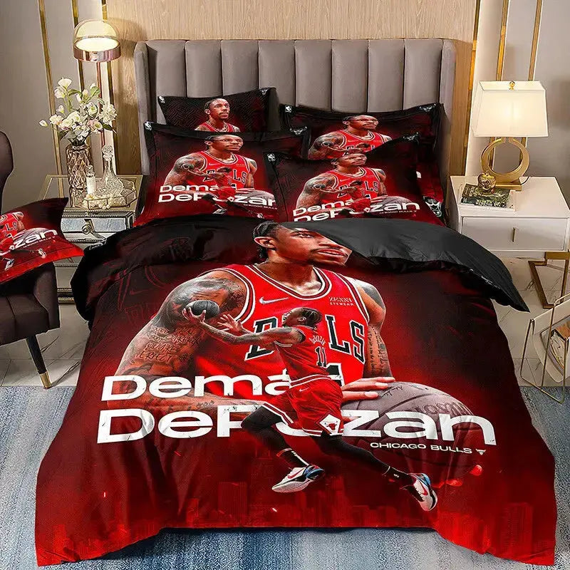 DeMar DeRozan Chicago Bulls-themed duvet cover and pillowcase set featuring dynamic basketball player graphics, soft breathable fabric, and stylish bedroom décor perfect for fans