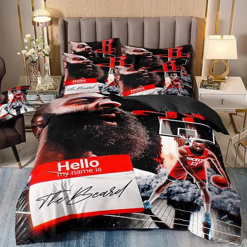 Bedding set featuring NBA star James Harden, known as "The Beard," with vibrant player graphics, soft breathable fabric, and stylish basketball-themed bedroom decor perfect for fans