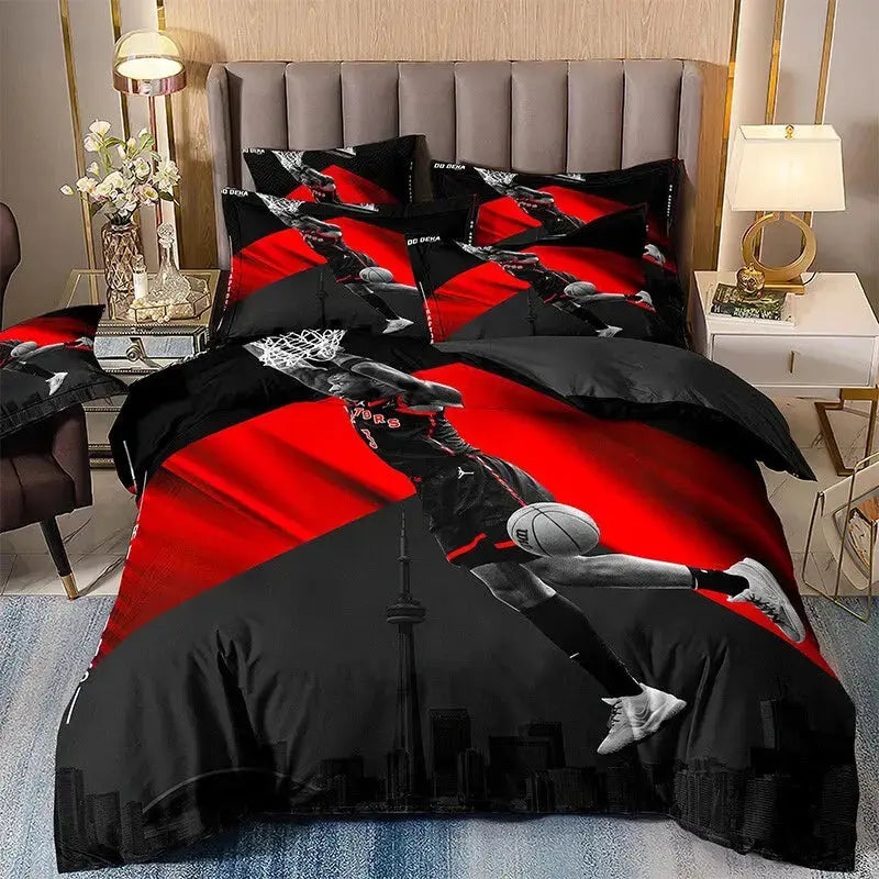 Men’s basketball court print comforter set featuring detailed basketball court design and ball graphics, soft and cozy fabric perfect for sports-themed bedroom decor