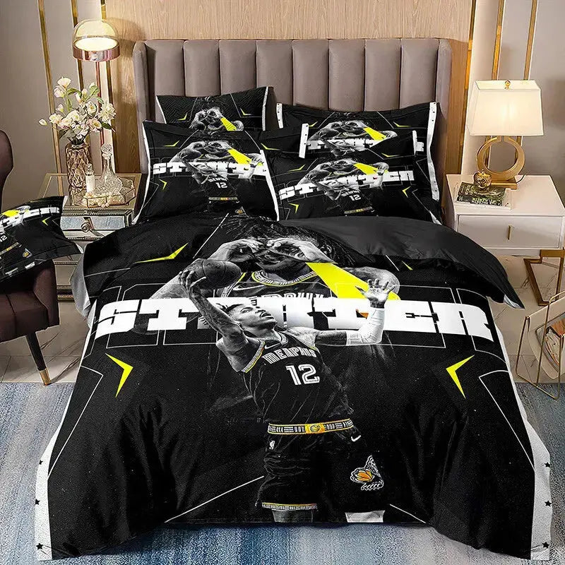 3D printed basketball-themed bedding set featuring vibrant basketball graphics on duvet cover and matching pillowcases, made from soft breathable fabric perfect for fans’ bedroom decor