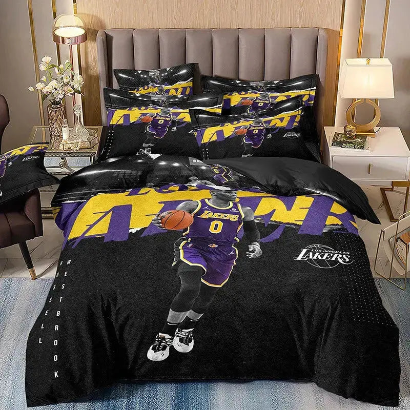 Kobe Bryant 3-piece 3D duvet cover bedding set with zipper closure, made of microfiber, featuring Lakers-themed design, includes pillowcase, suitable for adults and children