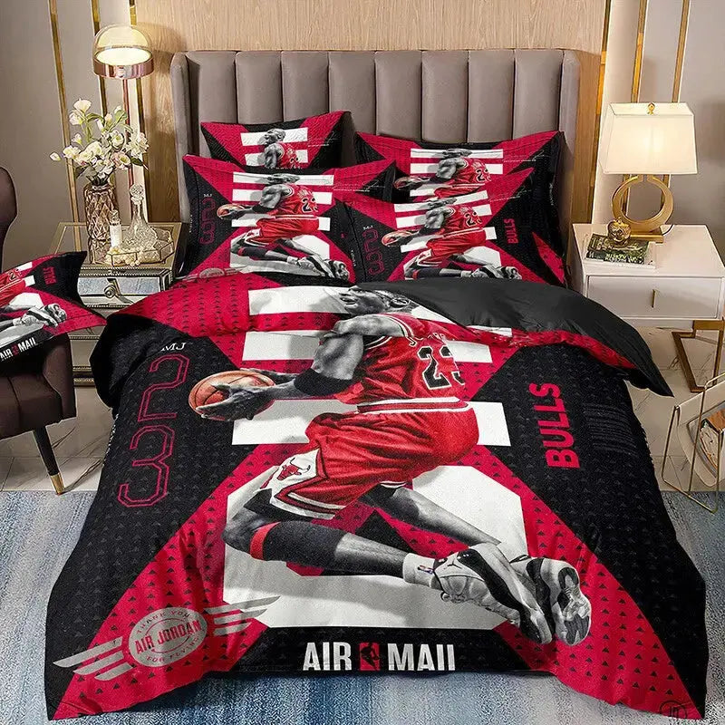 Michael Jordan-themed bedding set featuring Chicago Bulls colors and iconic Air Jordan branding, including duvet cover and pillowcases, perfect for basketball fans’ bedroom decor