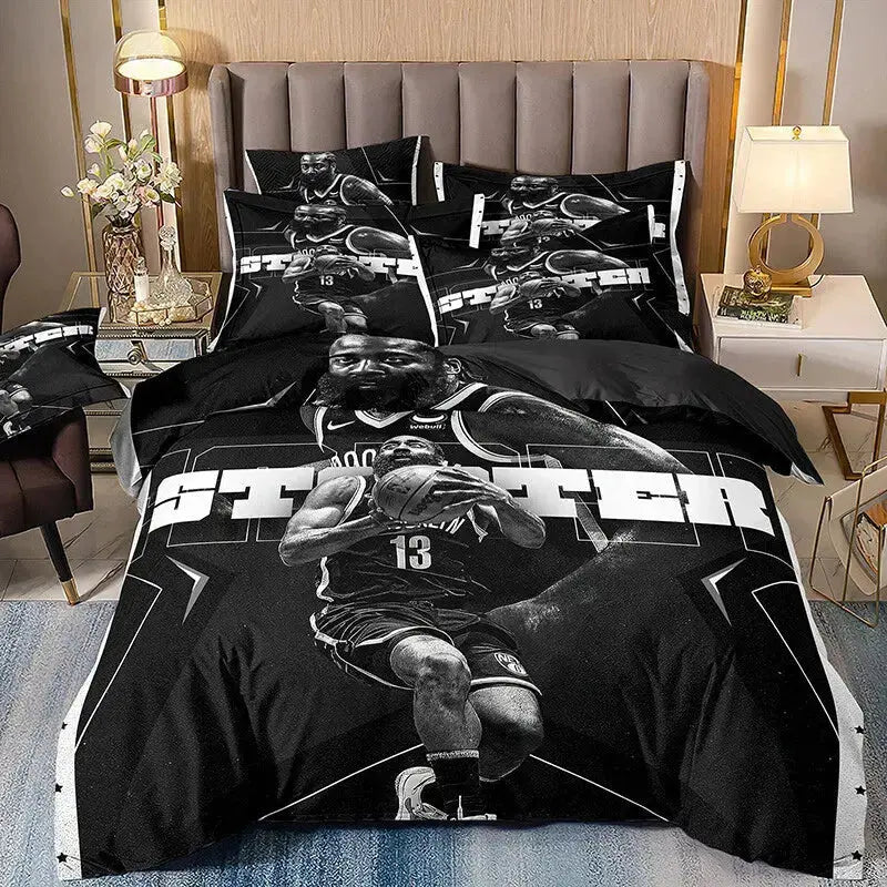 Bedding doona quilt duvet set featuring NBA star James Harden, known as "The Beard," with vibrant player graphics, soft breathable fabric, perfect for basketball fans’ bedroom decor