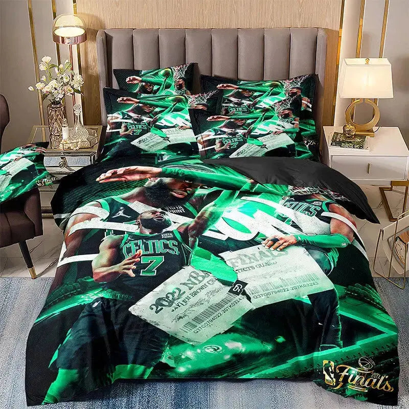 Boston Celtics-themed bedding set featuring Jayson Tatum and Jaylen Brown, with vibrant green tones and dynamic basketball imagery perfect for NBA fan bedrooms