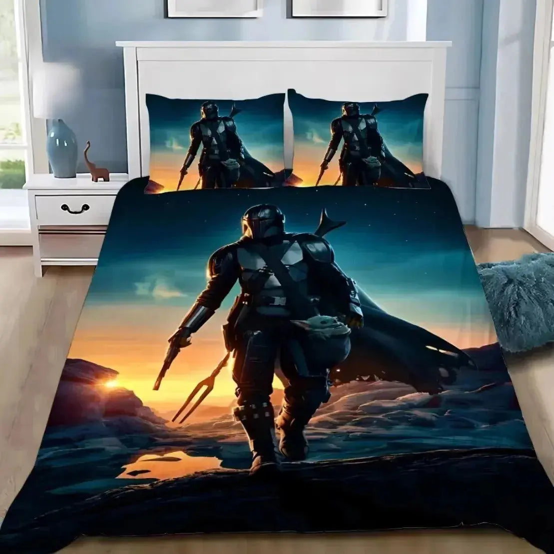 3D Star Wars bedding set with galaxy print on a queen size bed