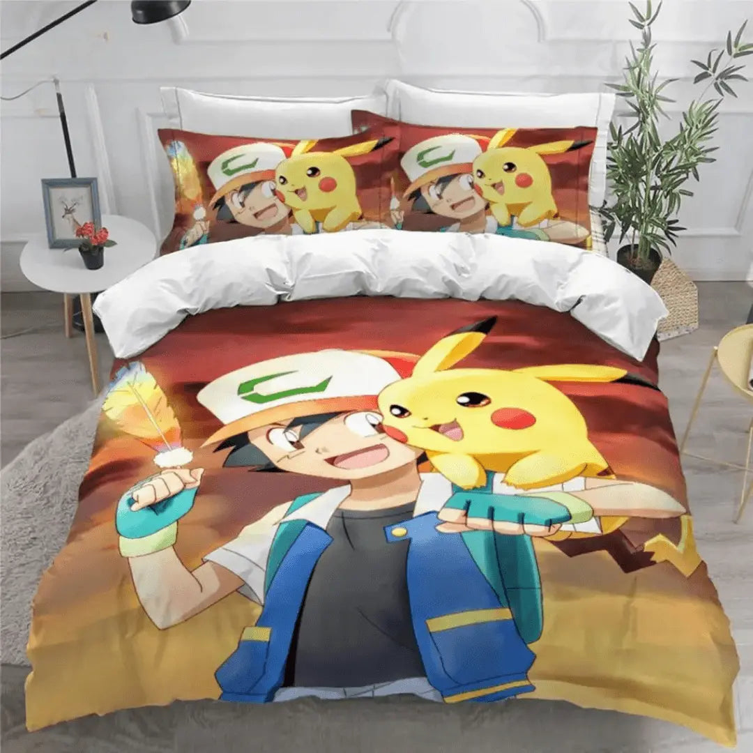 3D Anime Pokemon Pikachu Ash Ketchum Kids Bedding Set