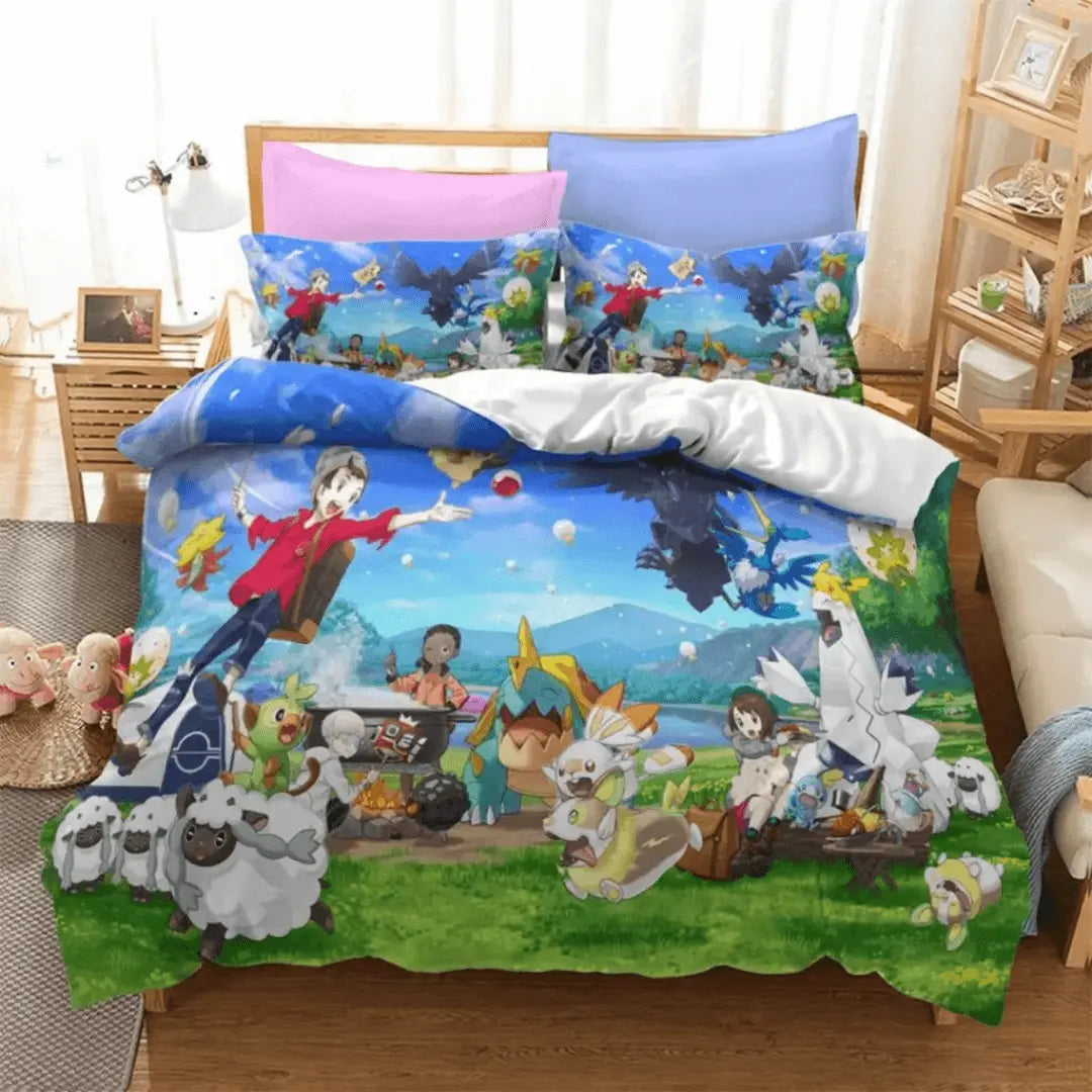 3D Anime Pokemon Pikachu Drednaw & Scorbunny Kids Quilt Cover