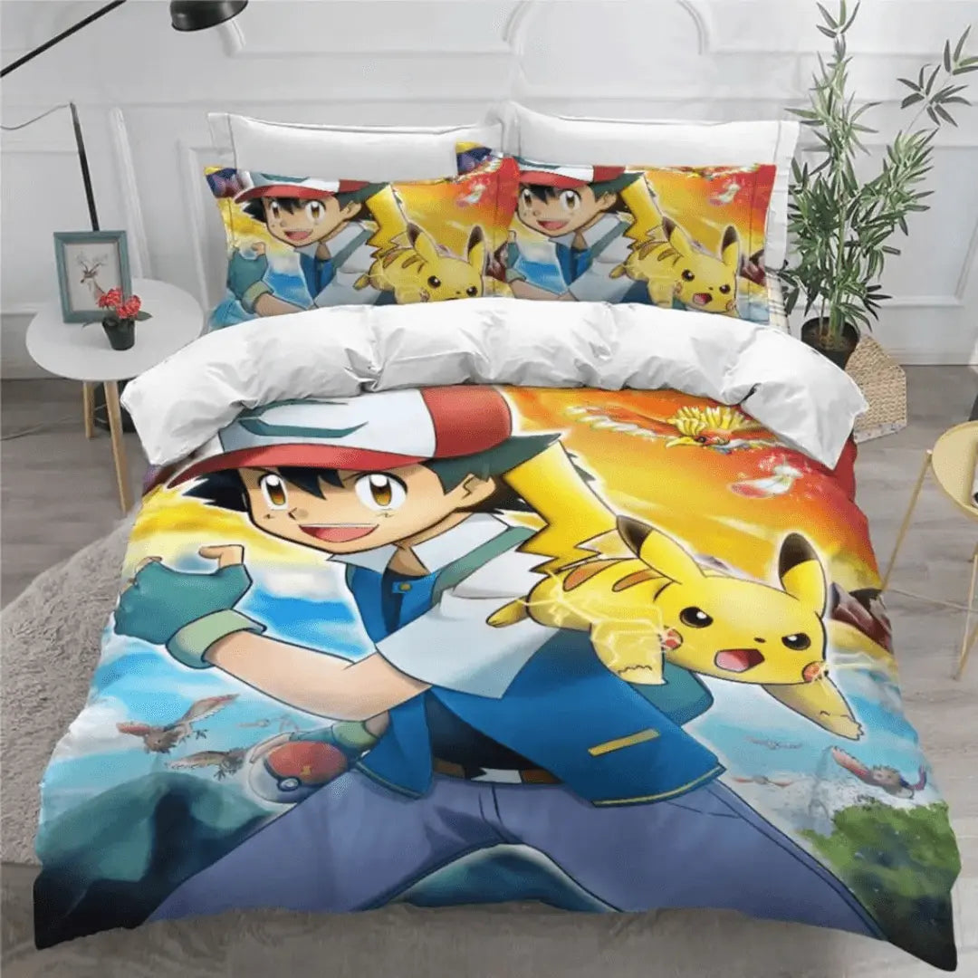 3D Anime Pokemon Pikachu Ash Ketchum Cartoon Kids Duvet Cover