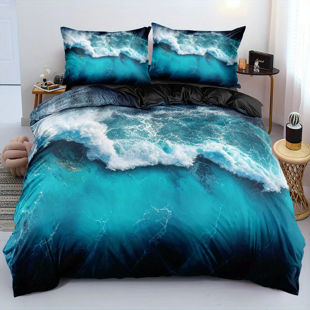A bedding set featuring a realistic ocean wave print in shades of teal, blue, and white, styled on a bed with two matching pillowcases in a modern bedroom setting.