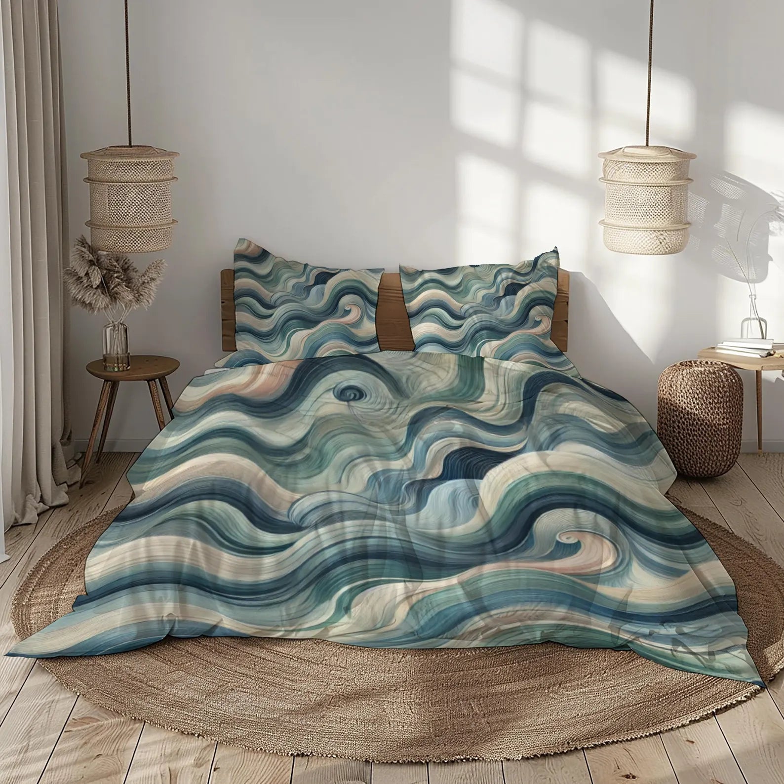 A bed dressed in a blue, teal, and cream wavy abstract print duvet cover and matching pillowcases, styled in a bright, modern bedroom