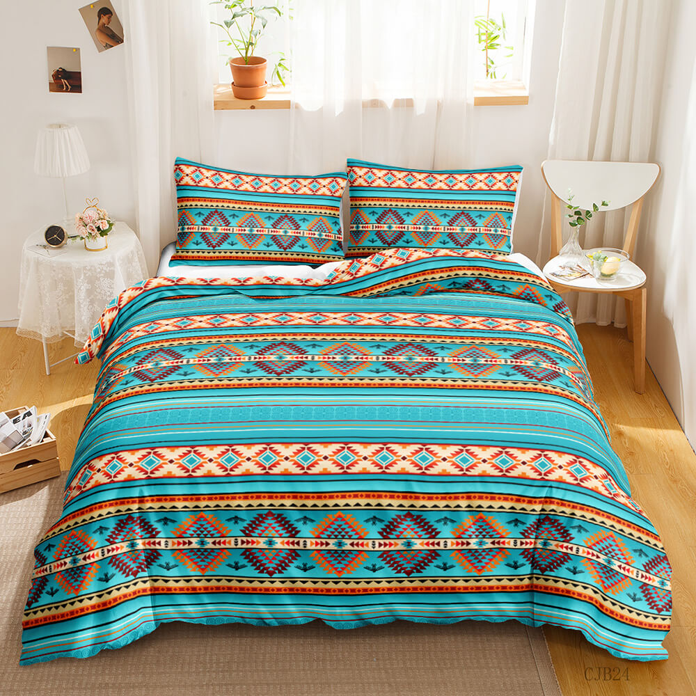 Modern boho bedding with a 3D-inspired decorative pattern