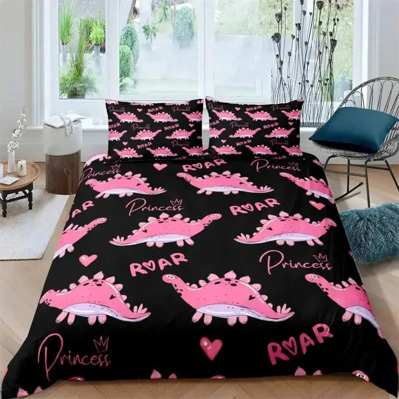 3D Pink Dinosaur Cartoon Kids Bed Sheet