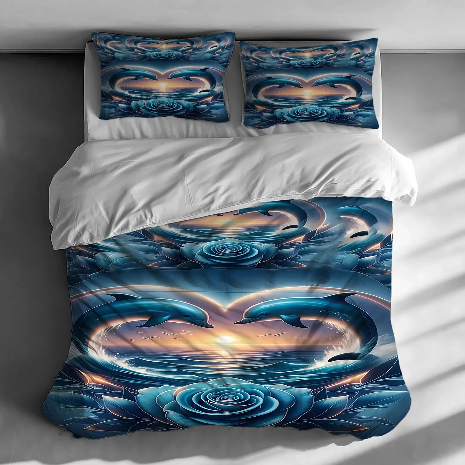 A bed dressed in a duvet cover and two pillowcases featuring a vivid blue and teal abstract design with dolphins, glowing light, and floral swirls, shown in a bedroom setting with gray walls and soft window light.