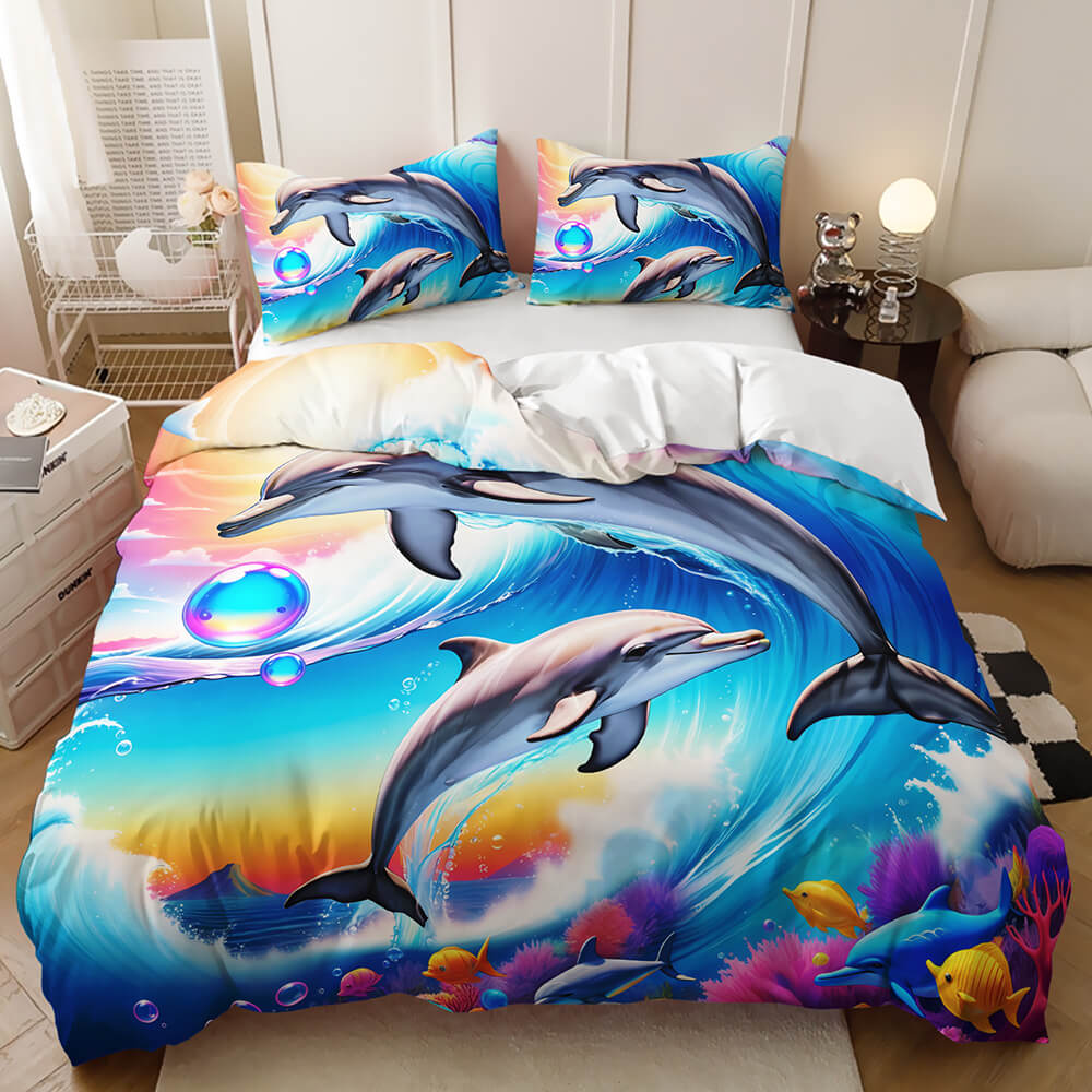 3D dolphin tropical fish ocean duvet cover set