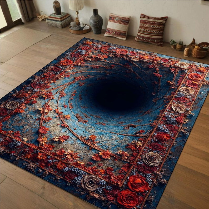 3D Floral Vortex Optical Illusion Rug | Deep 3D Black Hole Rug | Unique Home & Office Decor | Trippy Aesthetic Floor Mat, Rug for Living Room