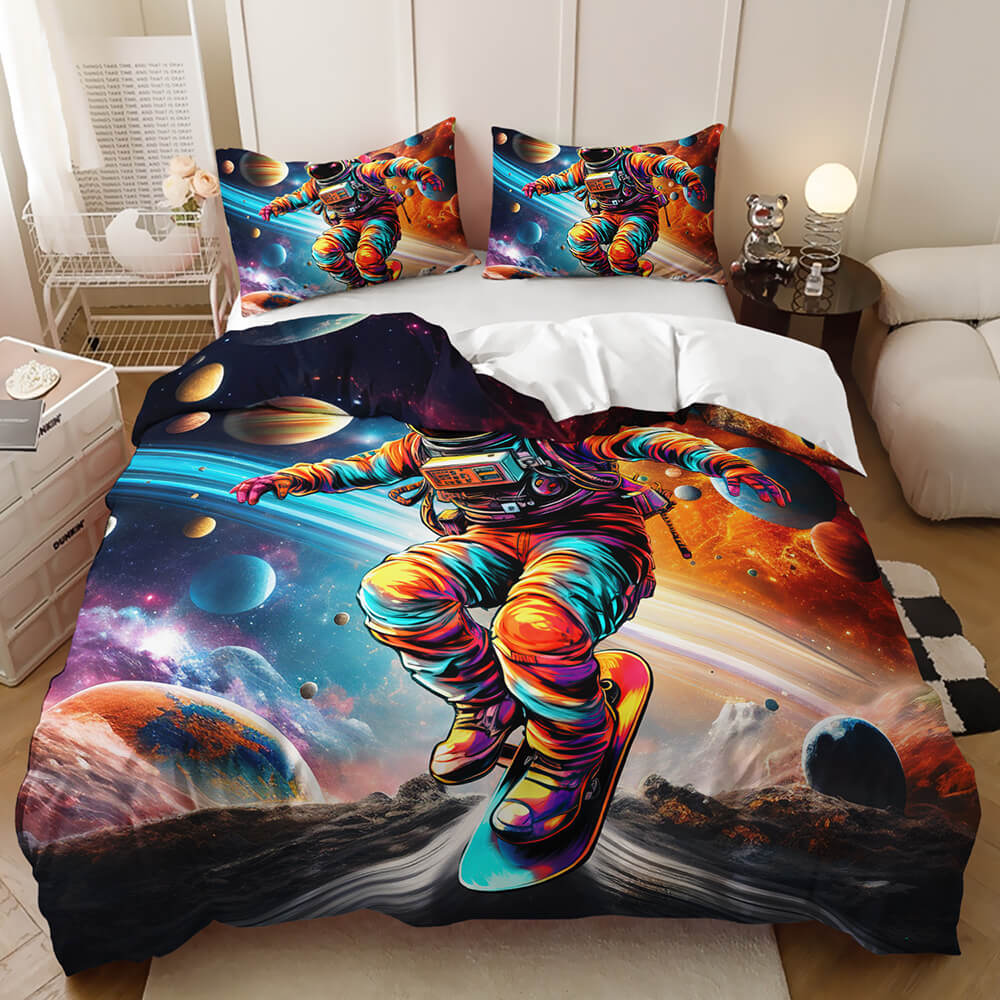 3D galaxy astronaut duvet cover set with colorful outer space design