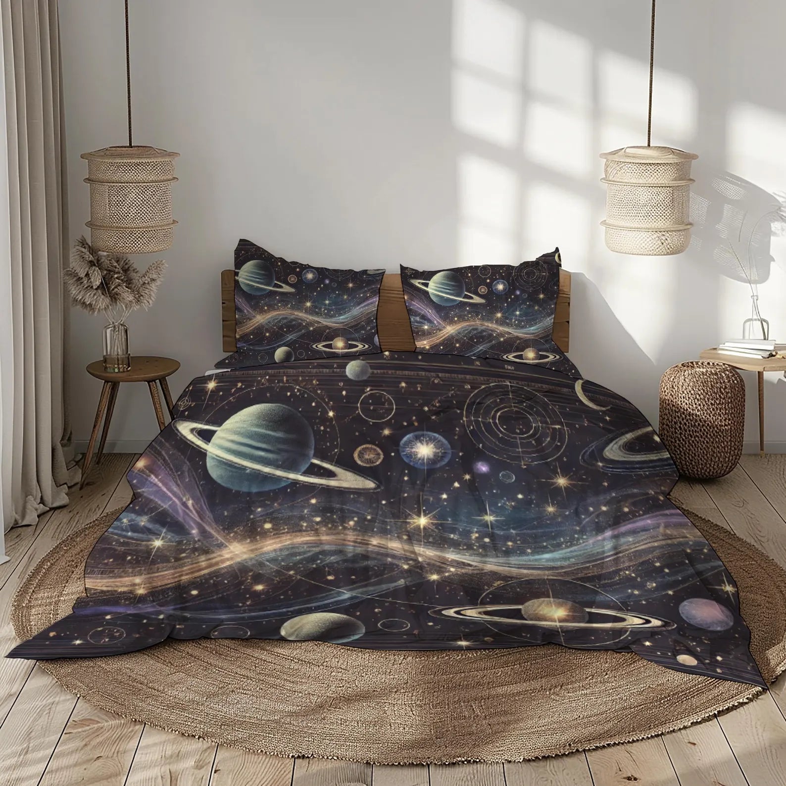 Kids galaxy quilt cover with planets and outer space theme for gift