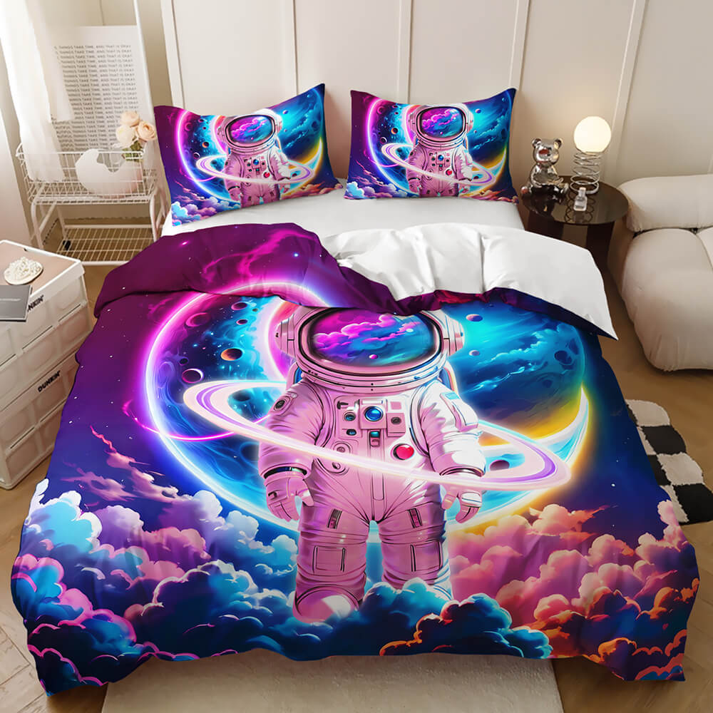 Kids astronaut bedding with colorful galaxy and stars