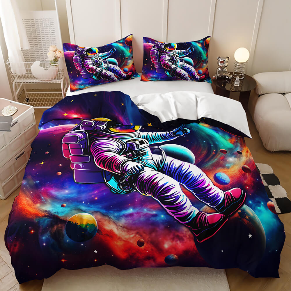 Colorful outer space doona cover with astronaut design