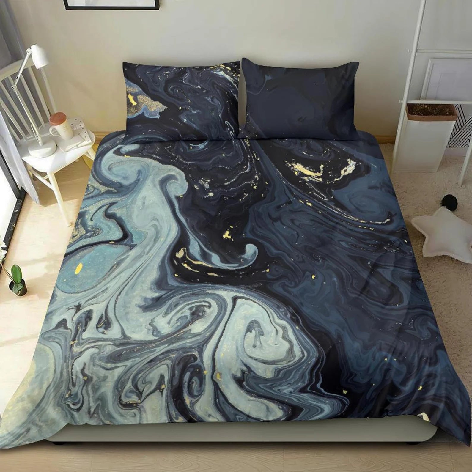 dark abstract marble-patterned duvet cover styled bedroom