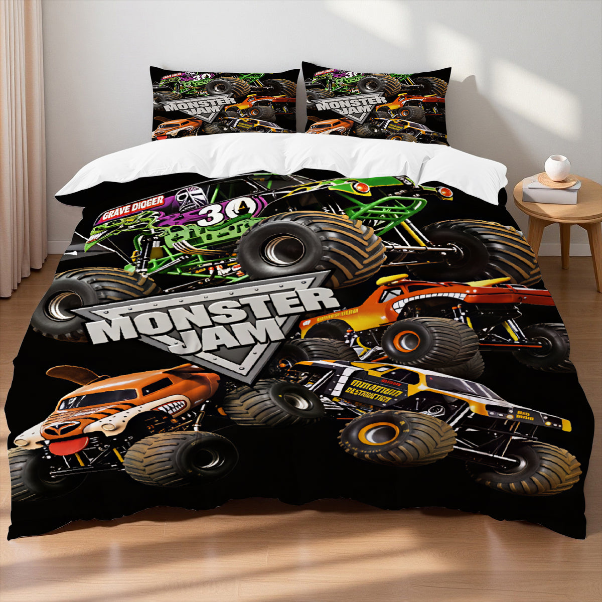 3D monster truck doona cover set with Grave Digger and Megalodon design