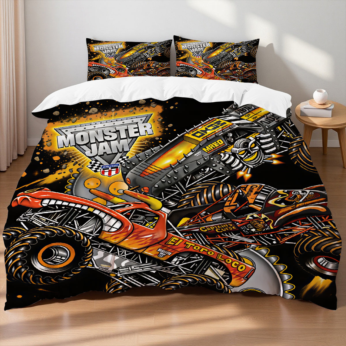 Monster truck racing bedding with Grave Digger design