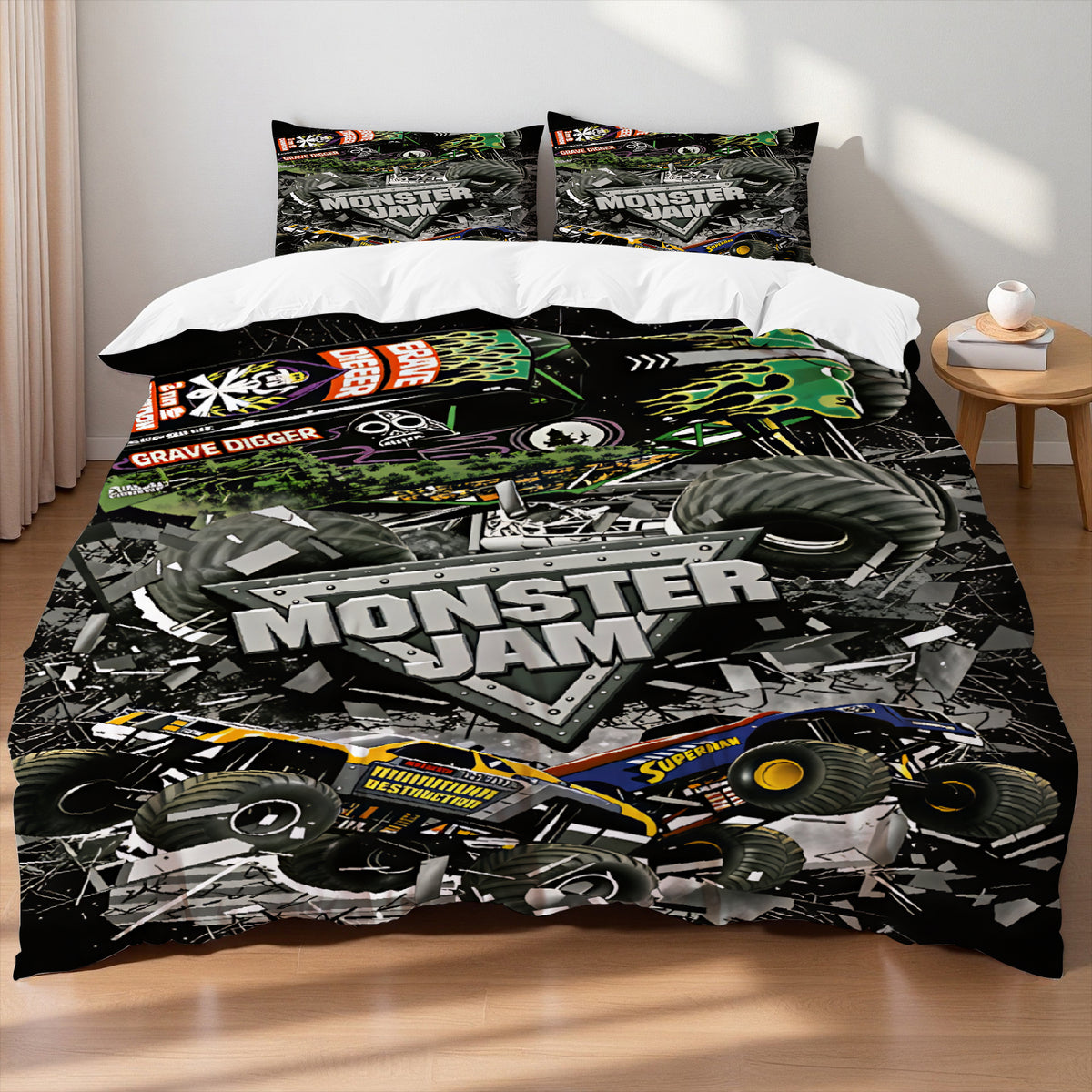 Kids bedroom decor with 3D monster truck bedding