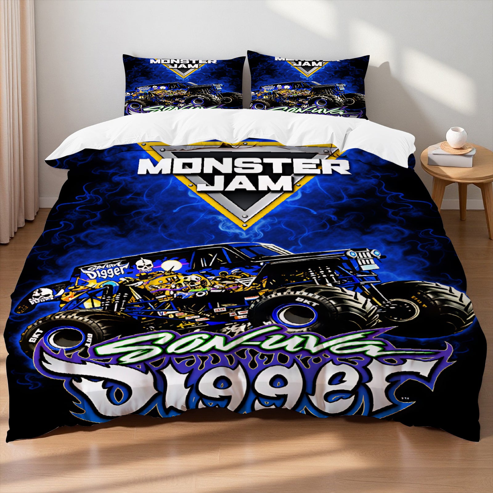3D monster truck doona cover set with Grave Digger and Megalodon artwork