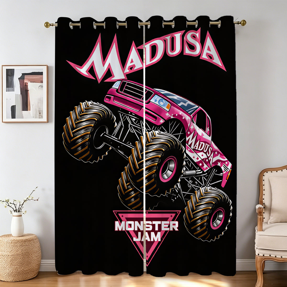 Monster truck themed window coverings for children's bedroom